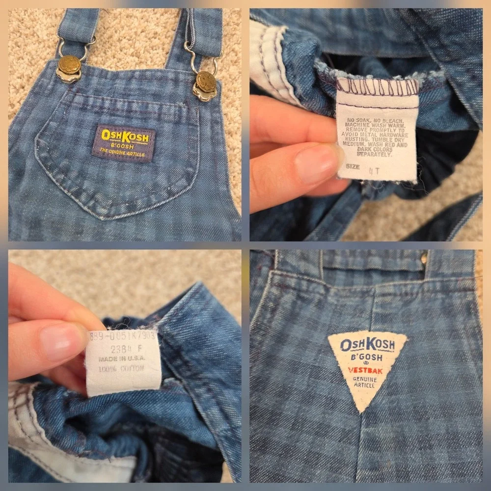 OshKosh B'Gosh vintage Blue Check Plaid toddler overalls 4T Made In USA 80s 90s